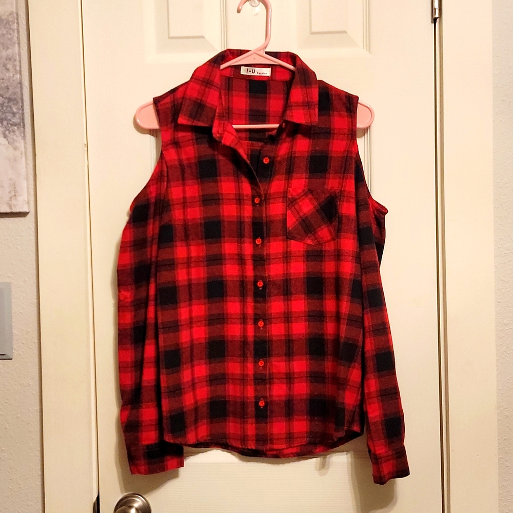 Cold shoulder plaid shirt